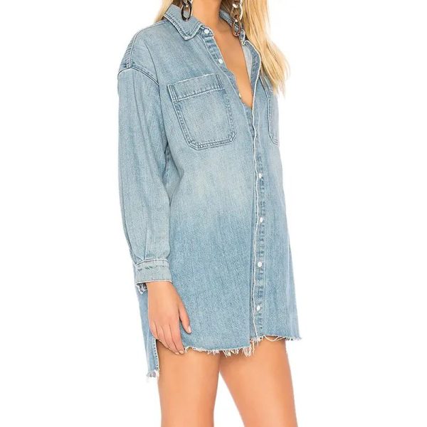 Women's Long Sleeve Button Front Pockets Oversized Denim Shirt Dress - Image 2