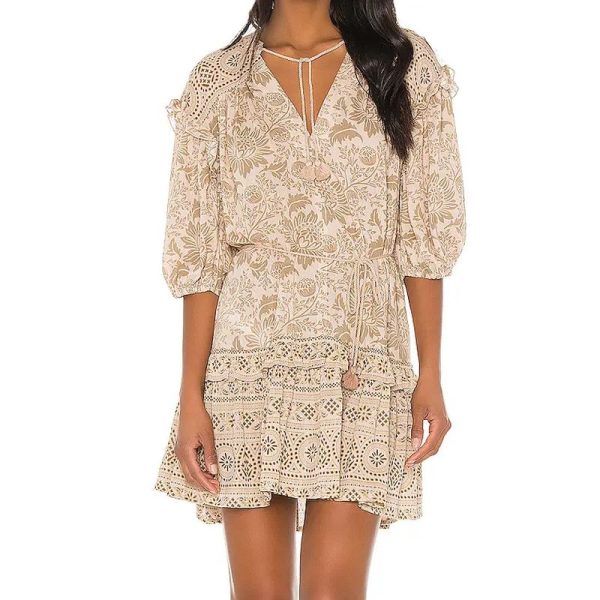 Ladies Dress With Floral Eyelet Tie Waist V-Neck Bohemian Style Breathable Tassel Mini Dresses - Image 2