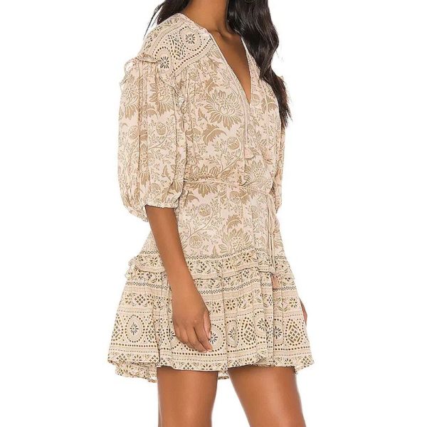 Ladies Dress With Floral Eyelet Tie Waist V-Neck Bohemian Style Breathable Tassel Mini Dresses - Image 3