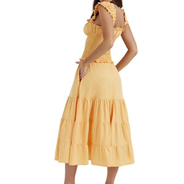 Summer Garment Lady Elegant Dress Ruffle Side-seam Pockets Smocked Bodice Tiered Skirt Casual Women Midi Dress