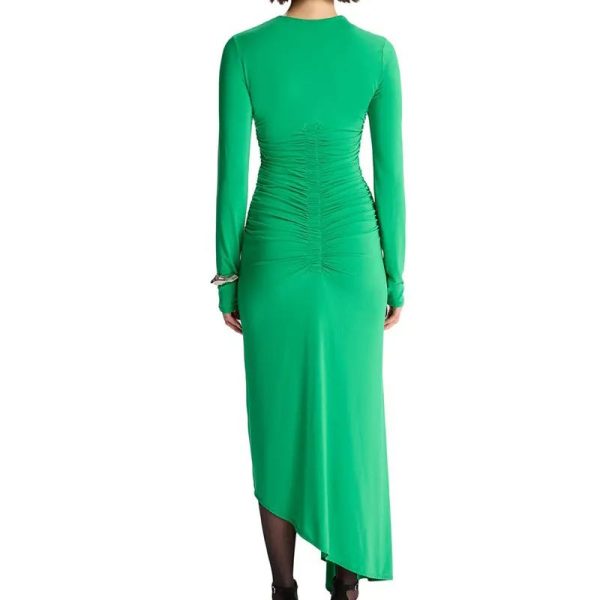 Fall Clothes Lady Elegant Dress Long Sleeve Asymmetric Hem Bodycon Shirring Casual Women Midi Dress