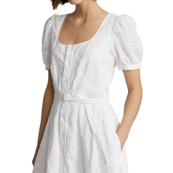 Plain Lady Summer Clothing Scoop Neck Eyelet Embroidery Linen Belted Pure White Midi Elegant Women Dress - Image 2