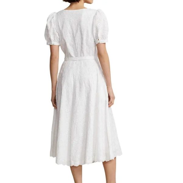 Plain Lady Summer Clothing Scoop Neck Eyelet Embroidery Linen Belted Pure White Midi Elegant Women Dress