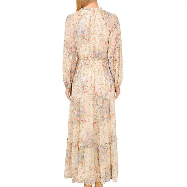 Lady Autumn Long Sleeve Maxi Dress With Ruffle Trim Floral Tiered Chiffon Elegant Slim Women's Dress