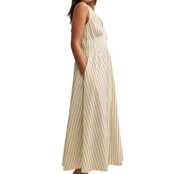 Work Style Lady Office Dress V-neck Side Pockets Stripe Sleeveless Front Button Cotton Maxi Women's Dresses - Image 2