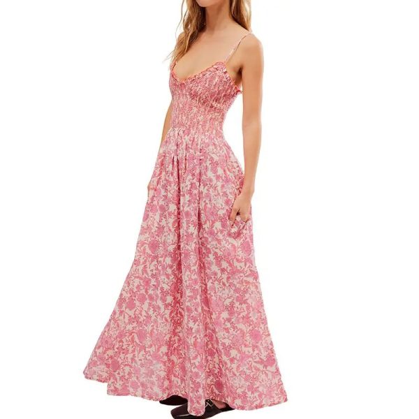 Summer Lady Elegant Sundress V-Neck Side Pockets Sweet Floral Print Sleeveless Maxi Casual Women's Dresses - Image 2