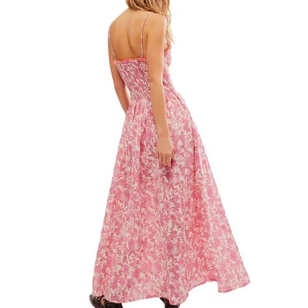 Summer Lady Elegant Sundress V-Neck Side Pockets Sweet Floral Print Sleeveless Maxi Casual Women's Dresses