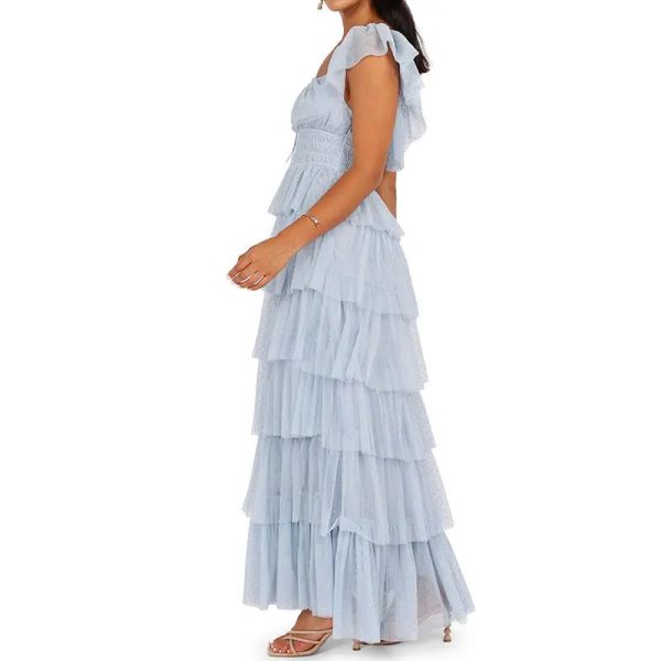 Party Style Lady Dress Solid Square Neck Fluttery Sleeves Dot Tulle Tiered Tiered Maxi Elegant Women's Dresses - Image 2