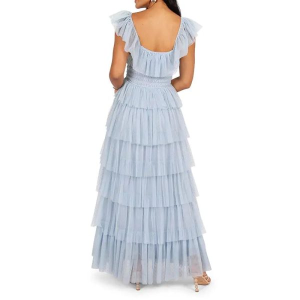 Party Style Lady Dress Solid Square Neck Fluttery Sleeves Dot Tulle Tiered Tiered Maxi Elegant Women's Dresses