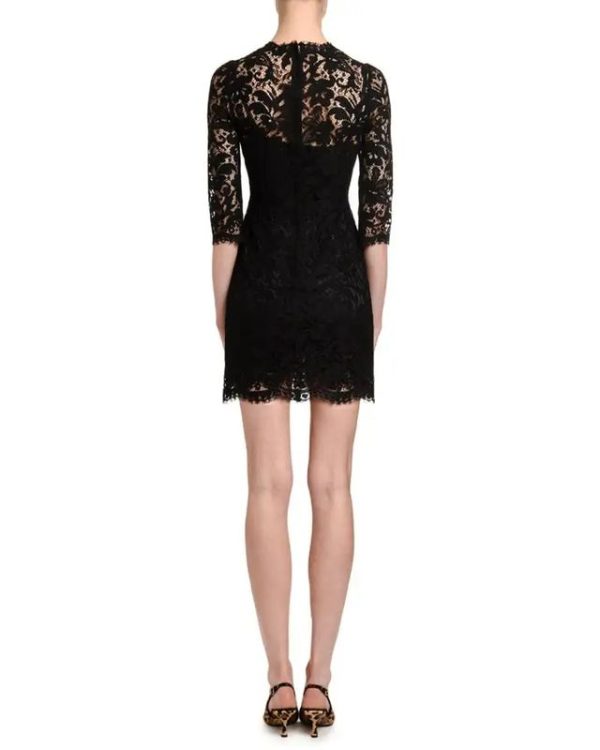 Women Casual Dress 3/4-Sleeve Heavy Floral Lace Decoration Elegant Solid Mini Dress - Image 2